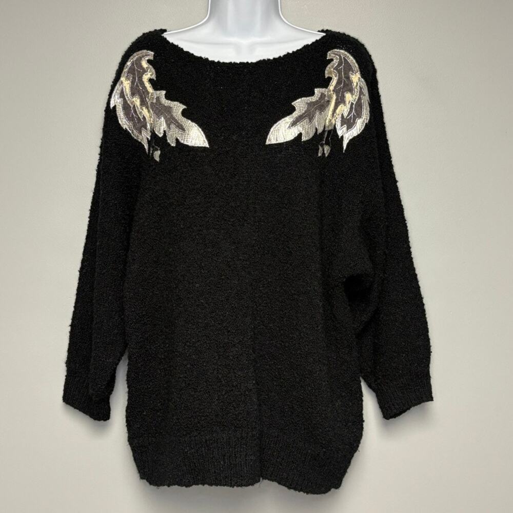 VTG Le Chois Black Silver Metallic Dolman Sleeve Knit Sweater Womens Sz 42 (XL)